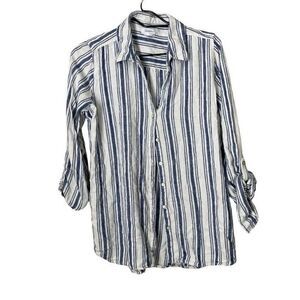 Sigrid Olsen Linen Blend Blue White Striped Long Tunic Shirt Size Large